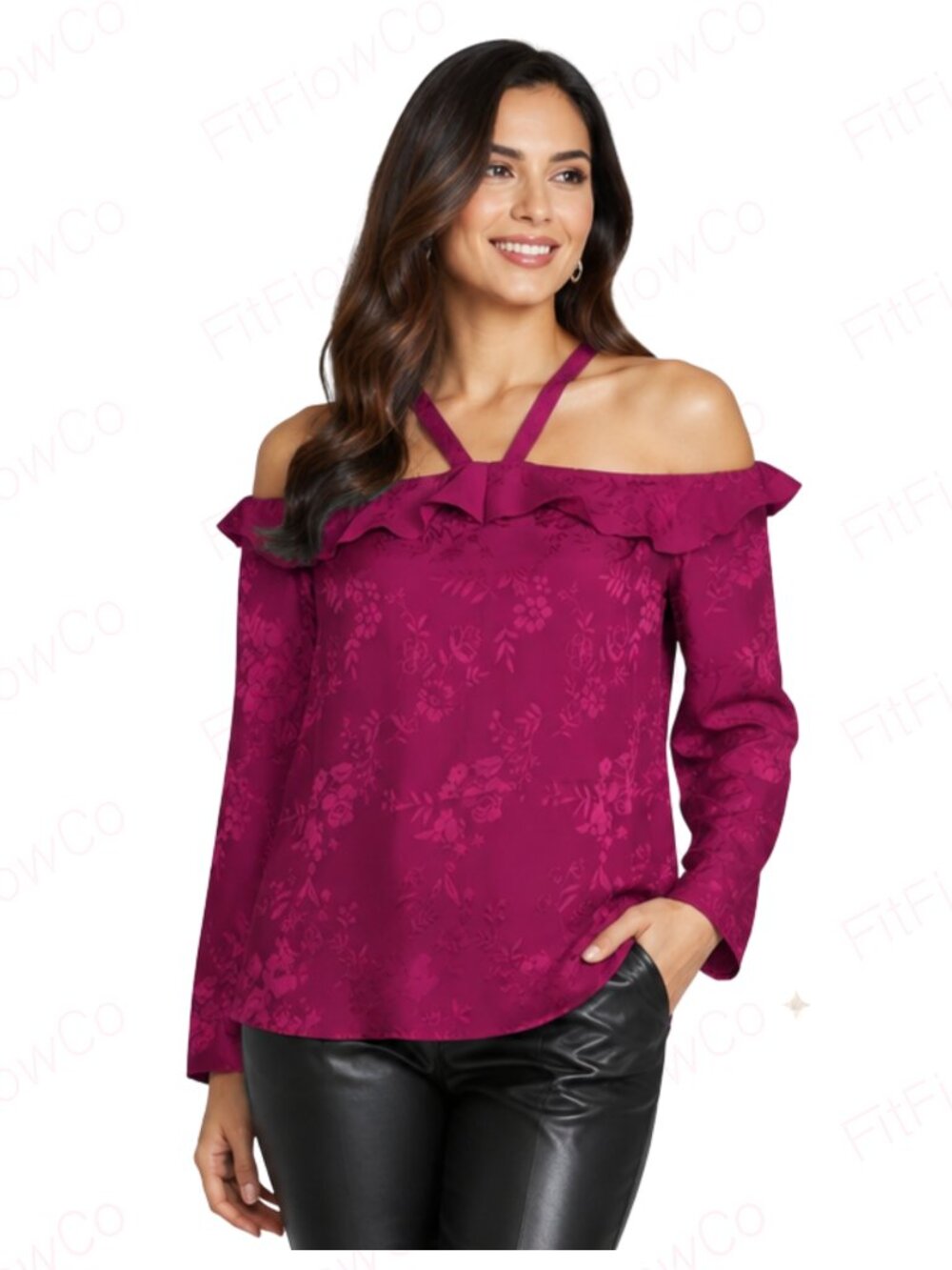 GUESS Burgundy Satin Floral Jacquard Off Shoulder Blouse Women S NWT